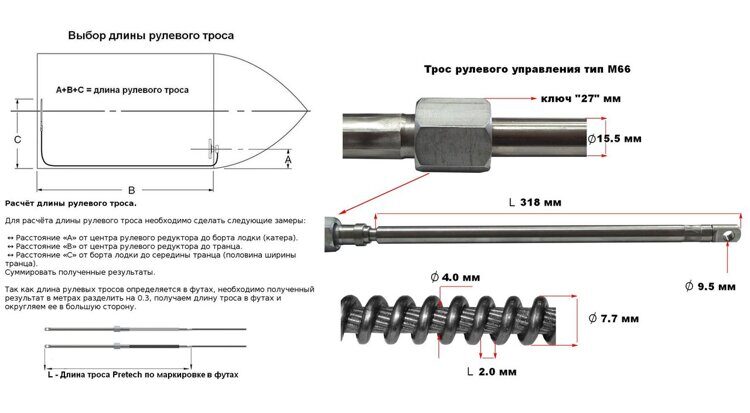 Трос рулевой (штуртрос) 11 футов (3,35 м), нержавеющий, тип М66